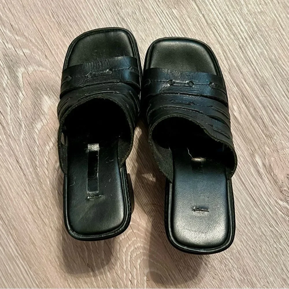 Y2K 90s Boho MIA Madden Chunky Leather Platform Slide Sandal Black Lug Sole 6.5